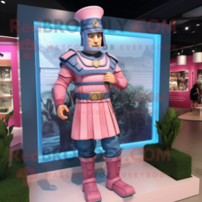 Pink Roman Soldier mascot costume character dressed with a Chambray Shirt and Rings