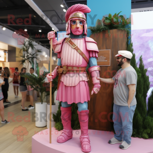 Pink Roman Soldier mascot costume character dressed with a Chambray Shirt and Rings