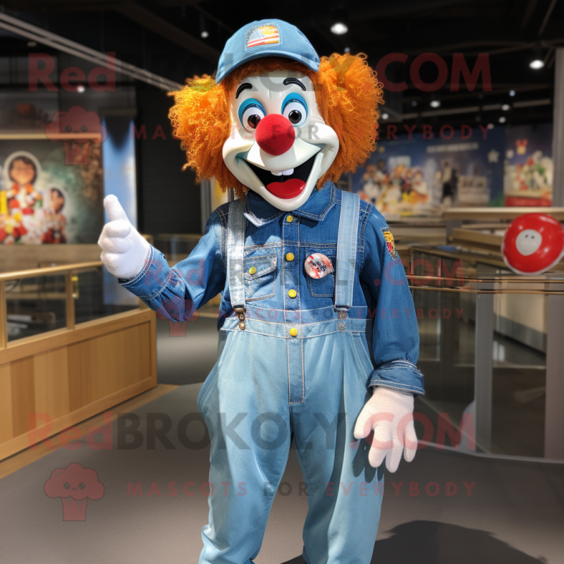 Sky Blue Clown mascot costume character dressed with a Denim Shirt and Lapel pins Sky Blue Clown mascot costume character dressed with a Denim Shirt and Lapel pins