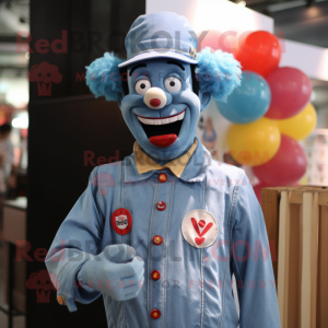 Sky Blue Clown mascot costume character dressed with a Denim Shirt and Lapel pins