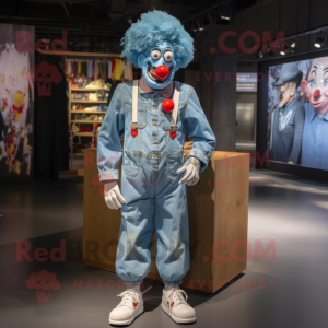 Sky Blue Clown mascot costume character dressed with a Denim Shirt and Lapel pins