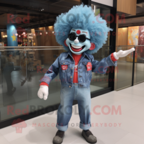 Sky Blue Clown mascot costume character dressed with a Denim Shirt and Lapel pins