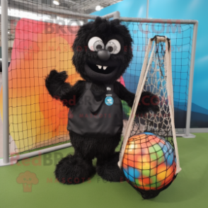 Black Volleyball Net mascot costume character dressed with a Playsuit and Tote bags