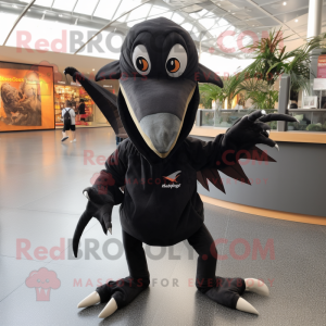 Black Pterodactyl mascot costume character dressed with a Sweatshirt and Shoe laces