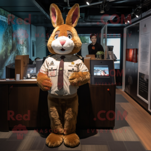 Brown Rabbit mascot costume character dressed with a Oxford Shirt and Watches