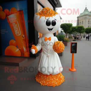 Orange Pop Corn mascot costume character dressed with a Wedding Dress and Digital watches