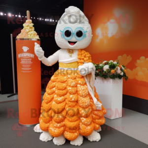 Orange Pop Corn mascot costume character dressed with a Wedding Dress and Digital watches