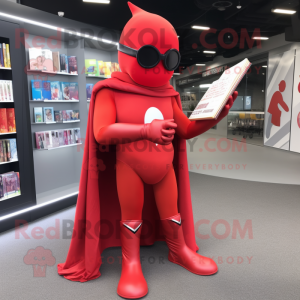 Red Superhero mascot costume character dressed with a Wrap Dress and Reading glasses