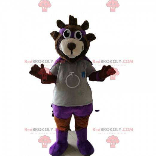 Brown bear mascot in hero outfit. Bear costume - Redbrokoly.com