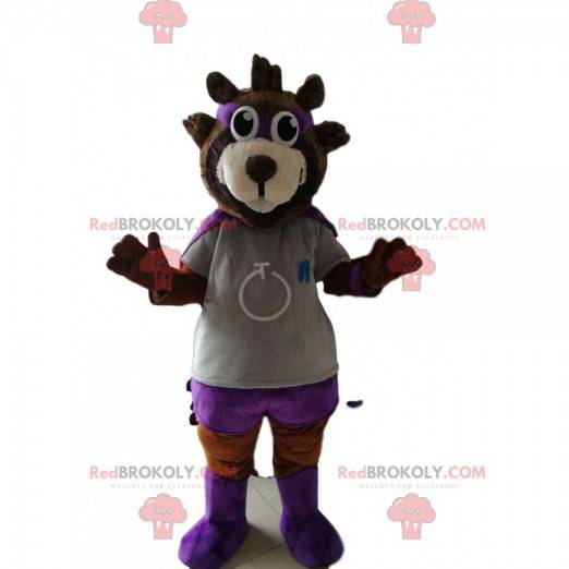 Bruine beer mascotte in heldenuitrusting. Beer kostuum -