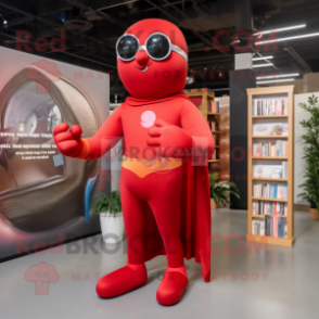 Red Superhero mascot costume character dressed with a Wrap Dress and Reading glasses