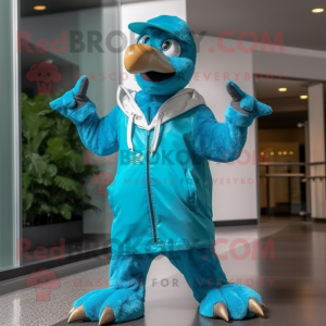 Turquoise Utahraptor mascot costume character dressed with a Raincoat and Smartwatches
