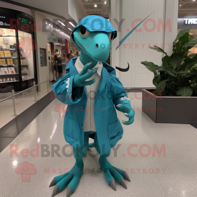 Turquoise Utahraptor mascot costume character dressed with a Raincoat and Smartwatches