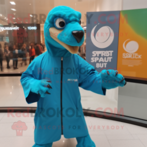 Turquoise Utahraptor mascot costume character dressed with a Raincoat and Smartwatches