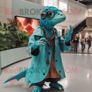 Turquoise Utahraptor mascot costume character dressed with a Raincoat and Smartwatches