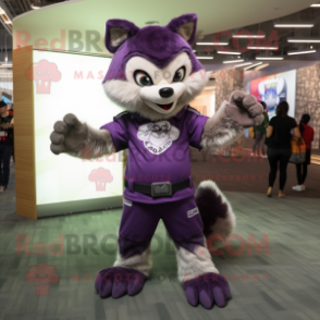 Purple Raccoon mascot costume character dressed with a T-Shirt and Foot pads