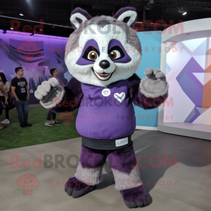 Purple Raccoon mascot costume character dressed with a T-Shirt and Foot pads