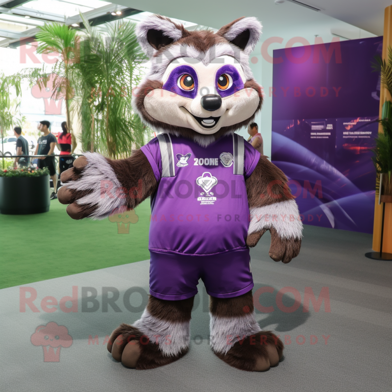 Purple Raccoon mascot costume character dressed with a T-Shirt and Foot pads