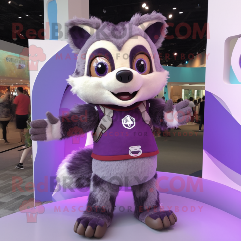 Purple Raccoon mascot costume character dressed with a T-Shirt and Foot pads