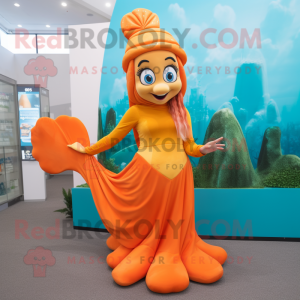 Orange Mermaid mascot costume character dressed with a A-Line Dress and Caps