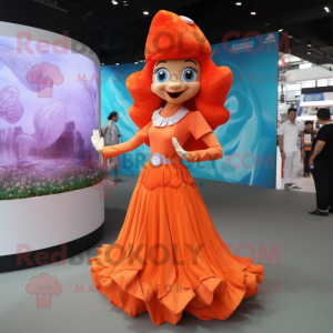 Orange Mermaid mascot costume character dressed with a A-Line Dress and Caps