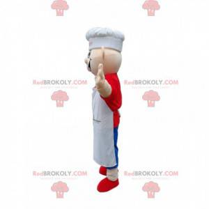 Mascota de chef con delantal blanco y gorro de cocinero. -