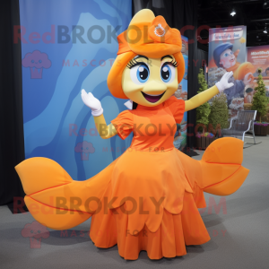 Orange Mermaid mascot costume character dressed with a A-Line Dress and Caps