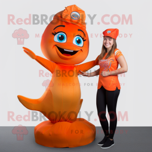 Orange Mermaid mascot costume character dressed with a A-Line Dress and Caps
