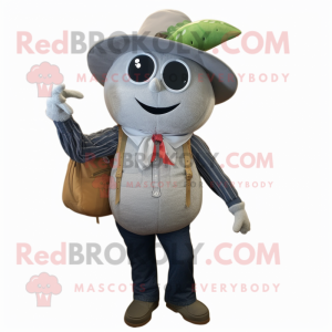 Gray Melon mascot costume character dressed with a Jeans and Suspenders