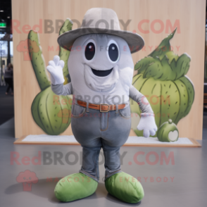 Gray Melon mascot costume character dressed with a Jeans and Suspenders