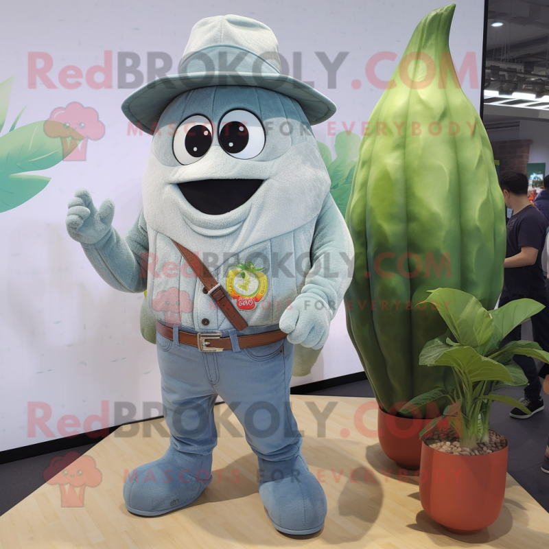 Gray Melon mascot costume character dressed with a Jeans and Suspenders