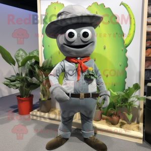 Gray Melon mascot costume character dressed with a Jeans and Suspenders