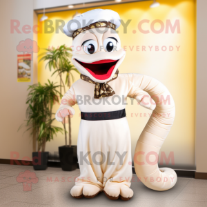 Cream Snake mascot costume character dressed with a Dress Pants and Headbands