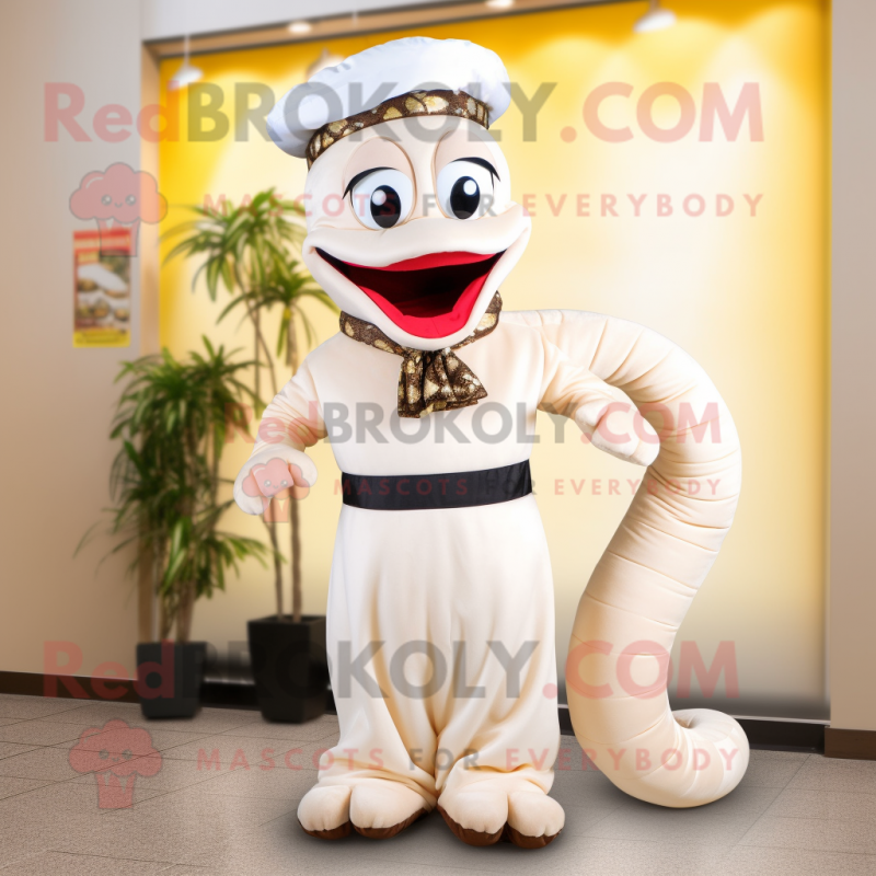 Cream Snake mascot costume character dressed with a Dress Pants and Headbands Cream Snake mascot costume character dressed with a Dress Pants and Headbands