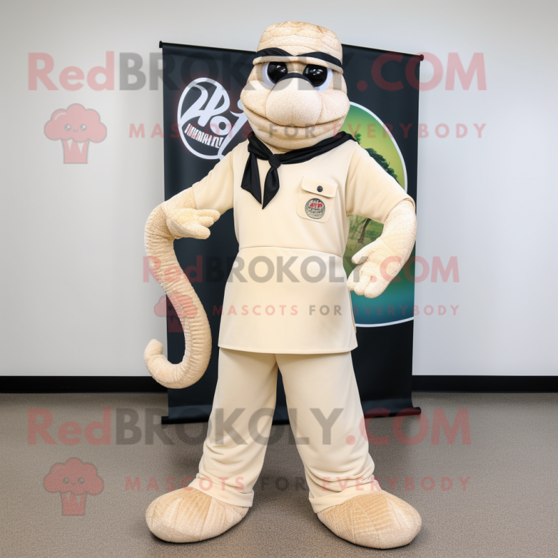 Cream Snake mascot costume character dressed with a Dress Pants and Headbands