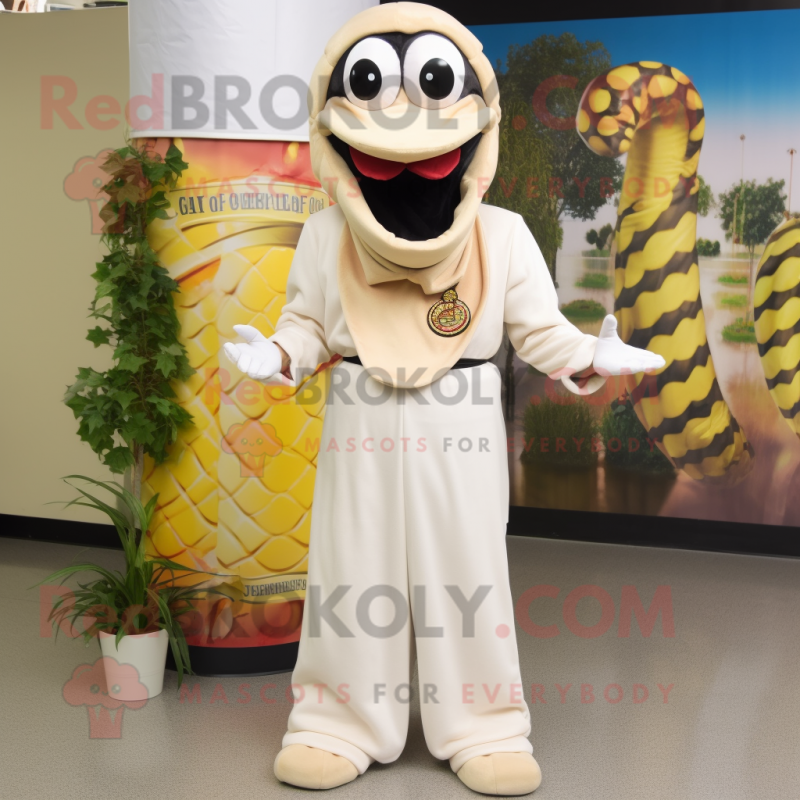 Cream Snake mascot costume character dressed with a Dress Pants and Headbands