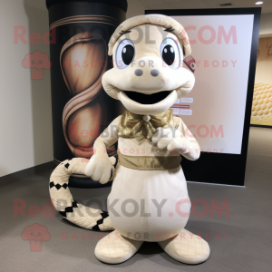 Cream Snake mascot costume character dressed with a Dress Pants and Headbands