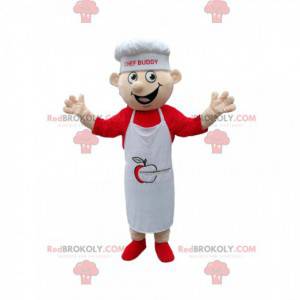 Mascote do chef com um avental branco e chapéu de chef. -