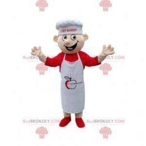 Mascotte de chef avec un tablier et une toque blanches. -