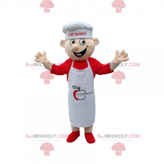Mascota de chef con delantal blanco y gorro de cocinero. -