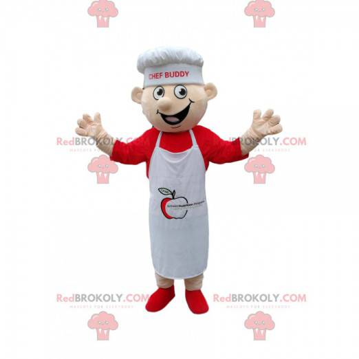 Mascote do chef com um avental branco e chapéu de chef. -