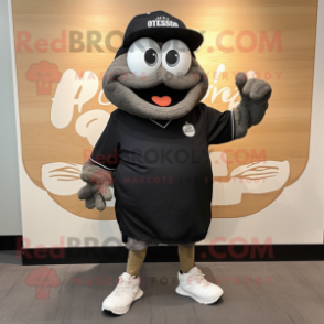 Black Oyster mascot costume character dressed with a Henley Tee and Shoe clips