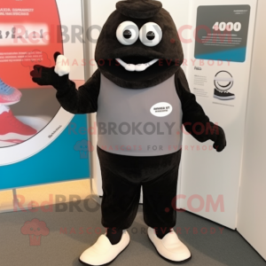 Black Oyster mascot costume character dressed with a Henley Tee and Shoe clips