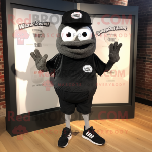 Black Oyster mascot costume character dressed with a Henley Tee and Shoe clips