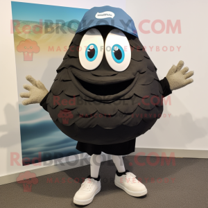 Black Oyster mascot costume character dressed with a Henley Tee and Shoe clips