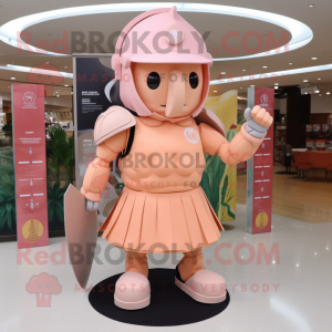 Peach Spartan Soldier mascot costume character dressed with a A-Line Skirt and Hat pins