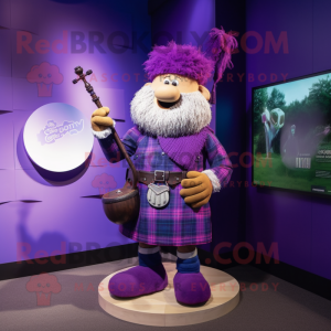 Purple Bagpipe mascot costume character dressed with a Board Shorts and Hairpins