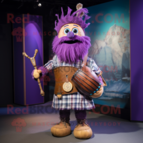 Purple Bagpipe mascot costume character dressed with a Board Shorts and Hairpins