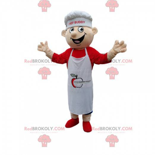 Mascota de chef con delantal blanco y gorro de cocinero. -