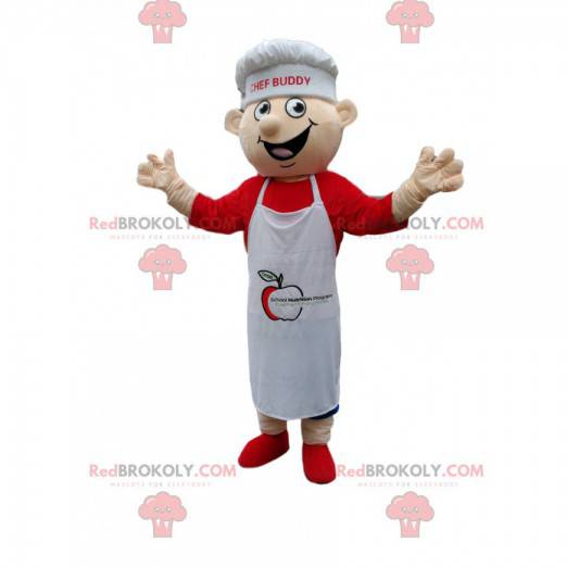 Maskot šéfkuchaře s bílou zástěrou a kuchařskou čepicí. -
